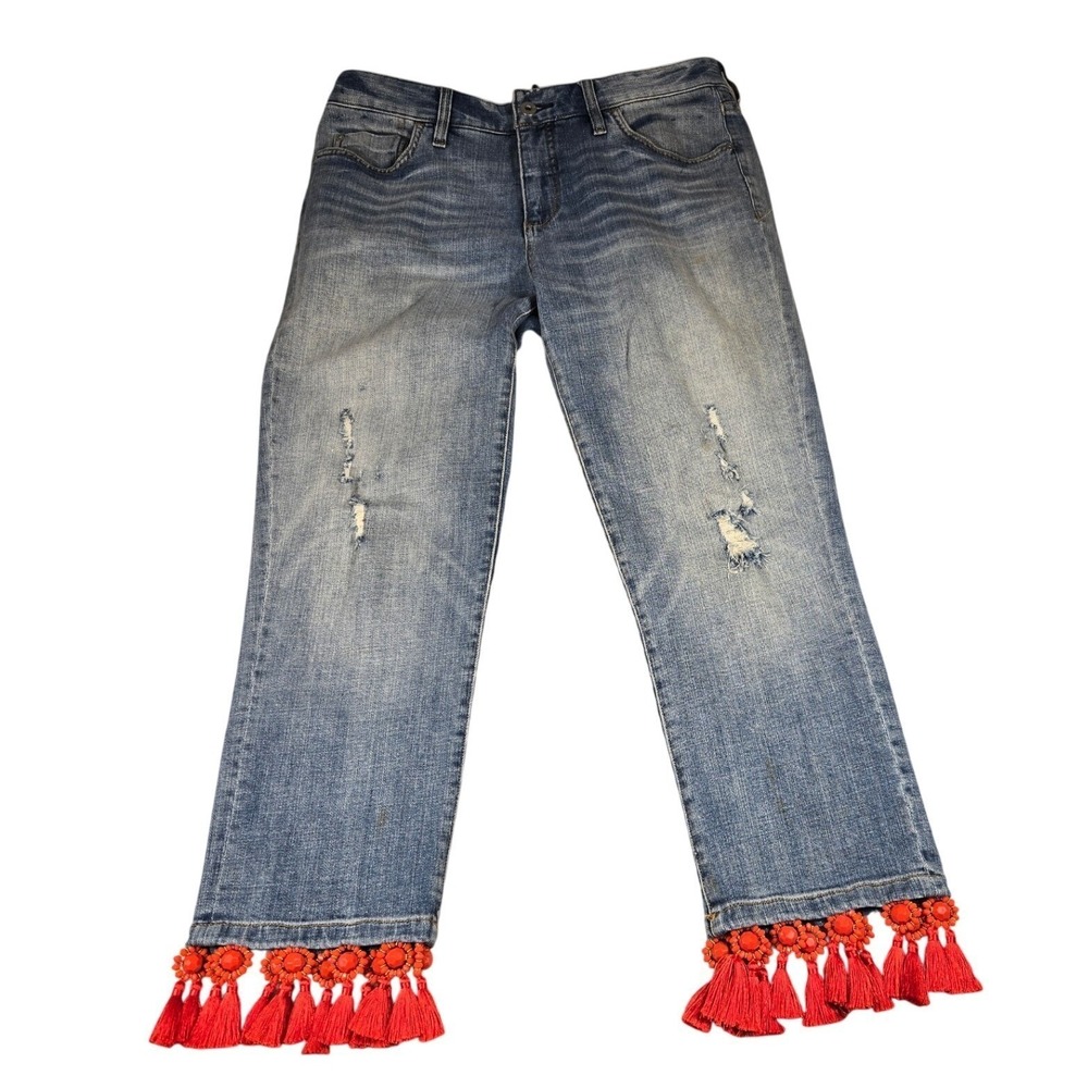 Pilcro and the Letterpress Slim Boyfriend Jeans Red Tassel Hem Distressed 29